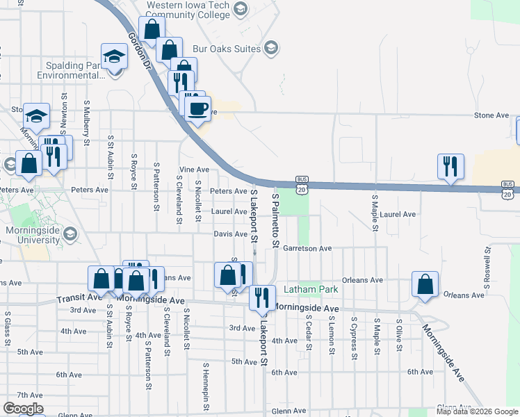 map of restaurants, bars, coffee shops, grocery stores, and more near 4700 Gordon Drive in Sioux City