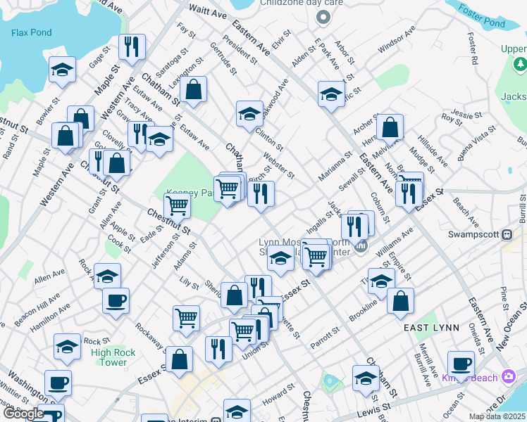 map of restaurants, bars, coffee shops, grocery stores, and more near 283 Chatham Street in Lynn