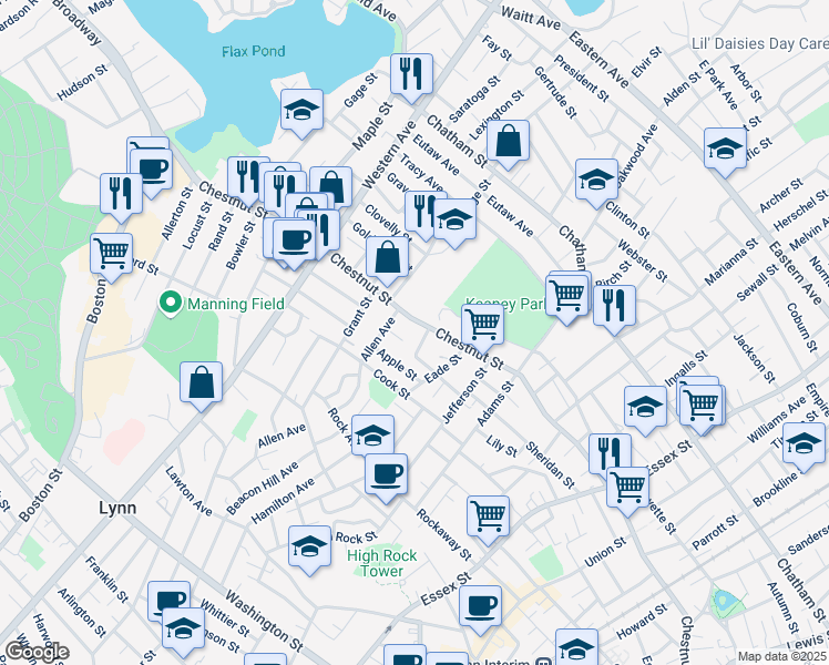 map of restaurants, bars, coffee shops, grocery stores, and more near 429 Chestnut Street in Lynn