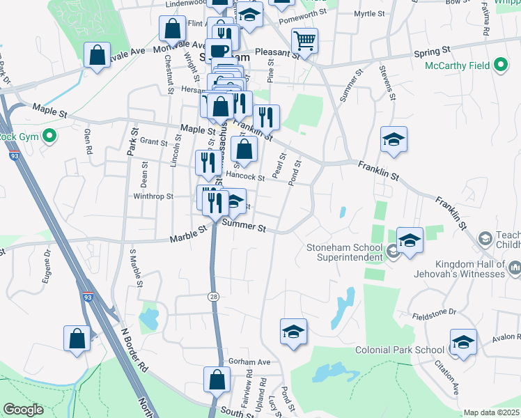 map of restaurants, bars, coffee shops, grocery stores, and more near 19 Middle Street in Stoneham