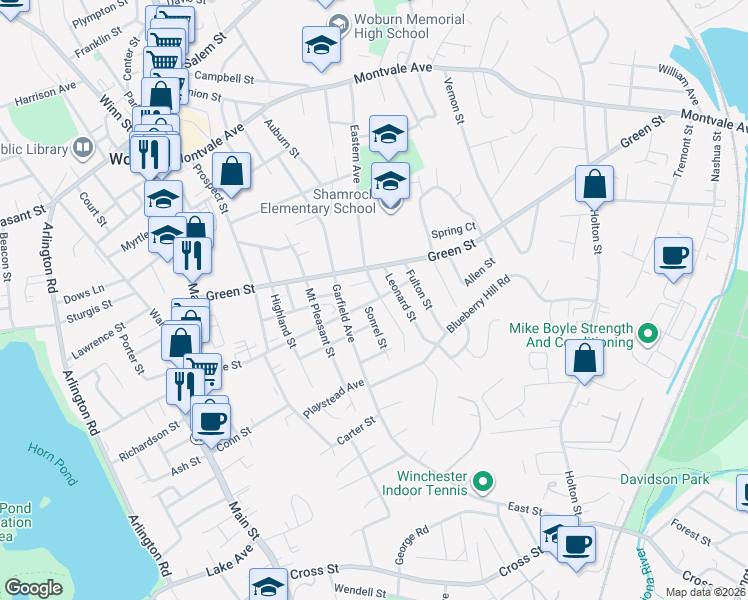 map of restaurants, bars, coffee shops, grocery stores, and more near 90 Eastern Avenue in Woburn