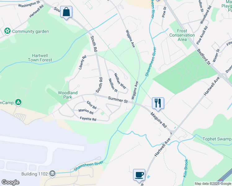 map of restaurants, bars, coffee shops, grocery stores, and more near 44 Neillian Street in Bedford