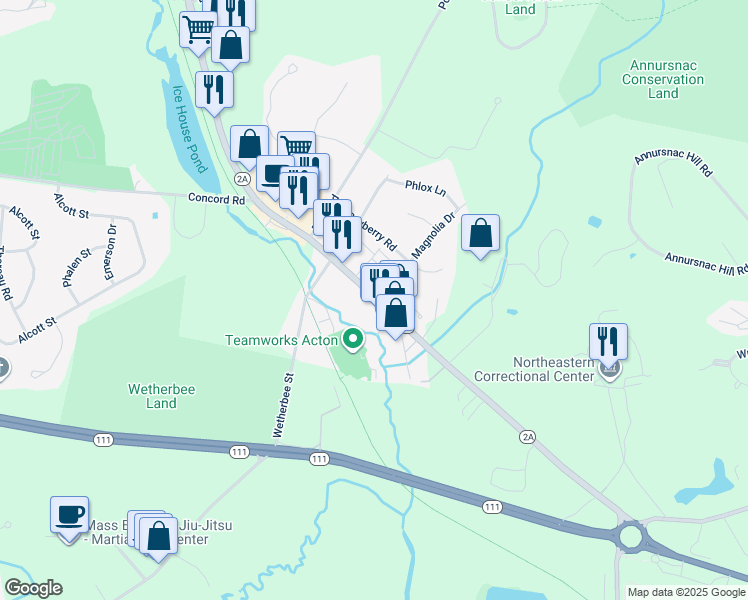 map of restaurants, bars, coffee shops, grocery stores, and more near 3 Iris Court in Acton