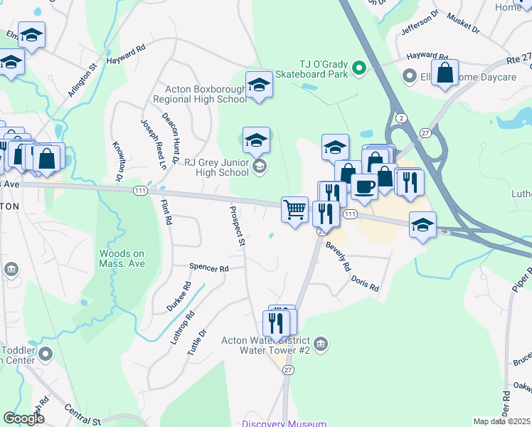 map of restaurants, bars, coffee shops, grocery stores, and more near 446 Massachusetts 111 in Acton
