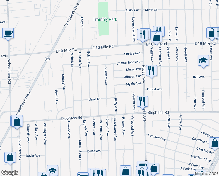 map of restaurants, bars, coffee shops, grocery stores, and more near 24518 Stewart Avenue in Warren