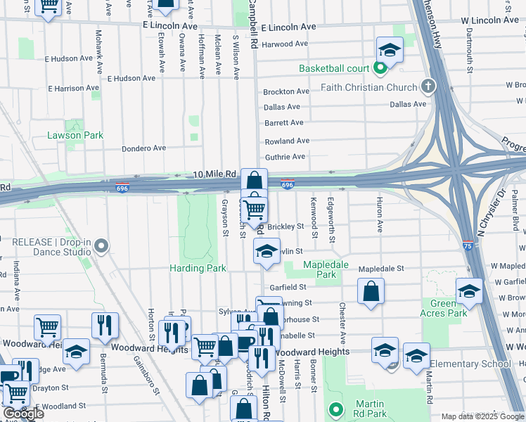 map of restaurants, bars, coffee shops, grocery stores, and more near 3371 Hilton Road in Ferndale