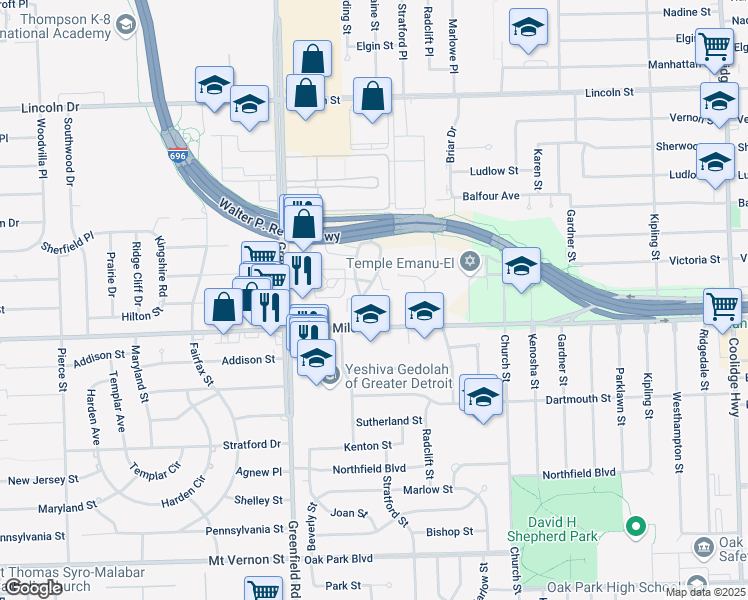 map of restaurants, bars, coffee shops, grocery stores, and more near 25062 East Rue Versailles Drive in Oak Park