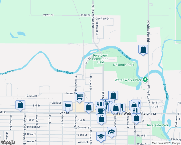 map of restaurants, bars, coffee shops, grocery stores, and more near 741 Odell Street in Webster City