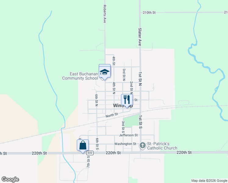 map of restaurants, bars, coffee shops, grocery stores, and more near 301 4th Street North in Winthrop