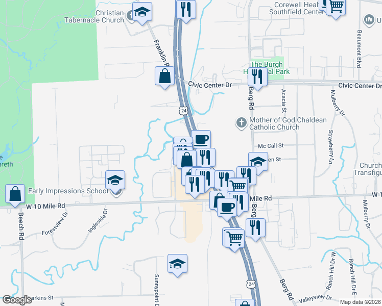 map of restaurants, bars, coffee shops, grocery stores, and more near 25625 Grodan Drive in Southfield