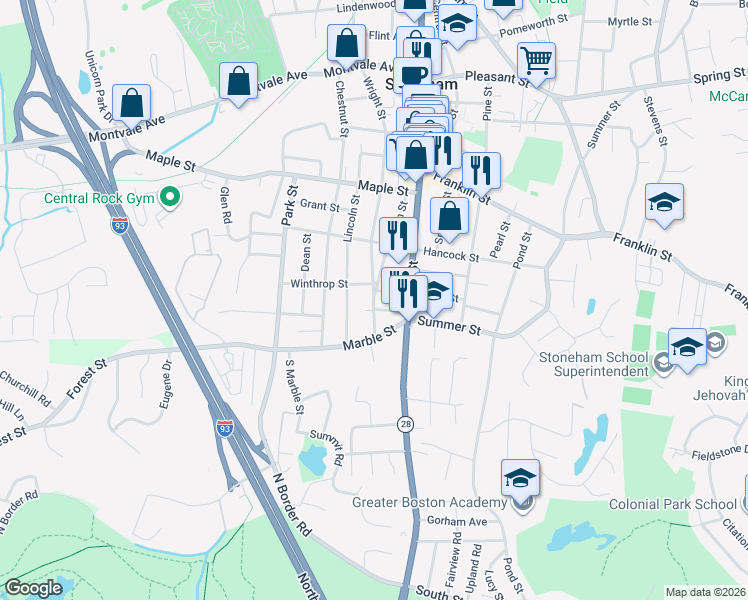 map of restaurants, bars, coffee shops, grocery stores, and more near 34 Warren Street in Stoneham