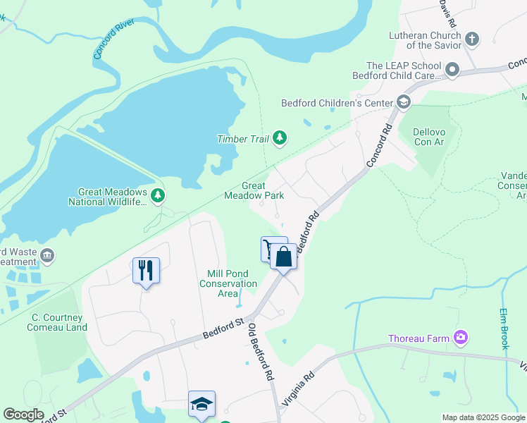 map of restaurants, bars, coffee shops, grocery stores, and more near 58 Mallard Drive in Concord