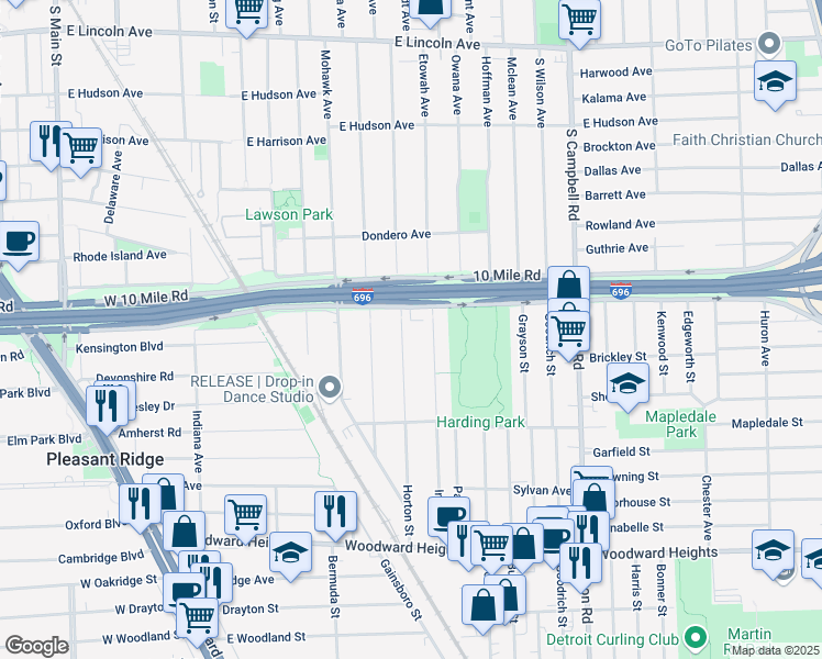 map of restaurants, bars, coffee shops, grocery stores, and more near 928 East 10 Mile Road in Ferndale