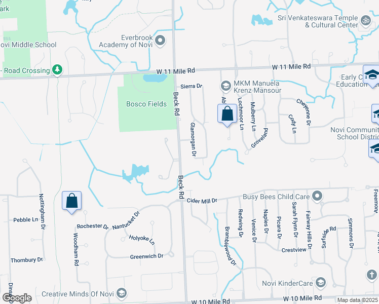map of restaurants, bars, coffee shops, grocery stores, and more near 25687 Glamorgan Drive in Novi