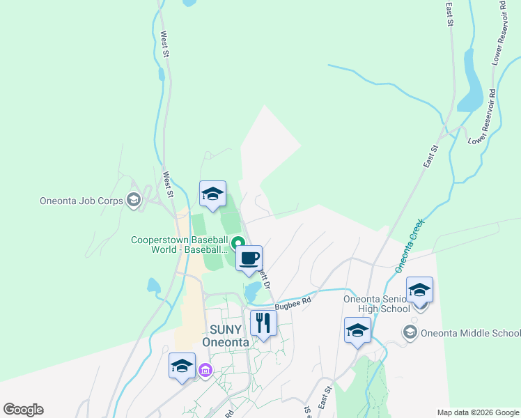 map of restaurants, bars, coffee shops, grocery stores, and more near 1 Farone Drive in Oneonta