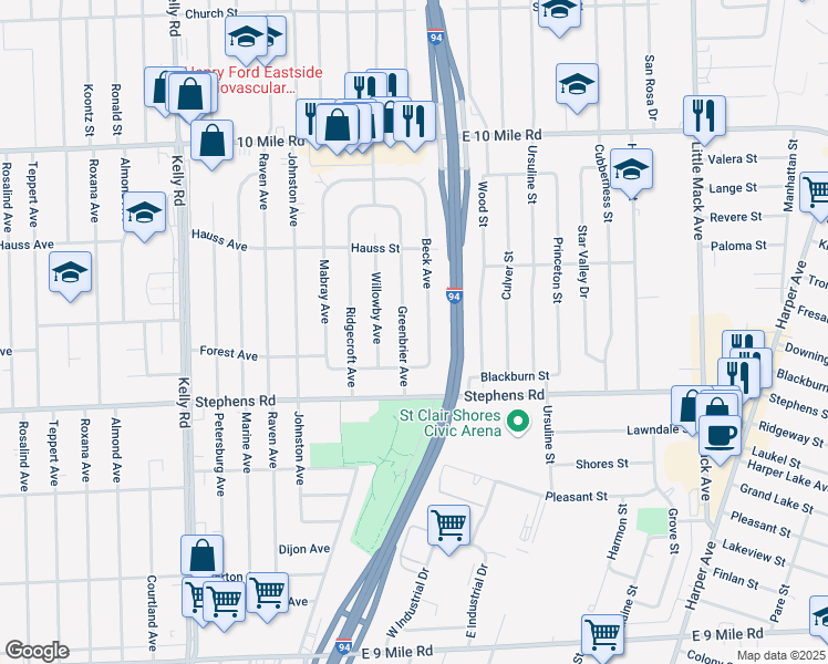 map of restaurants, bars, coffee shops, grocery stores, and more near 24584 Greenbrier Avenue in Eastpointe