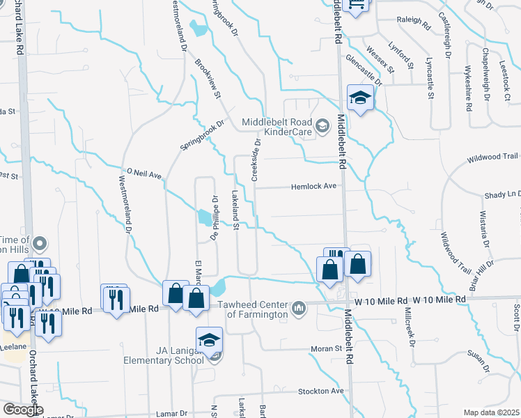map of restaurants, bars, coffee shops, grocery stores, and more near 24768 Creekside Drive in Farmington Hills