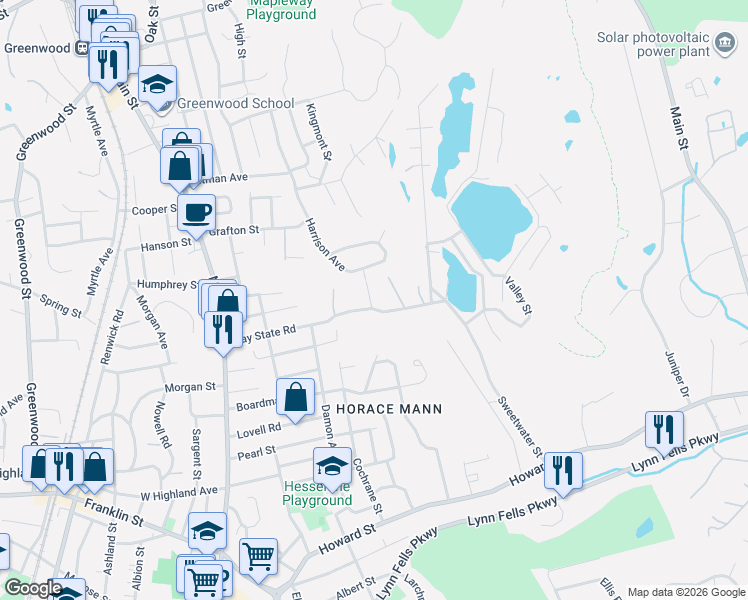 map of restaurants, bars, coffee shops, grocery stores, and more near 33 Ledge Street in Melrose