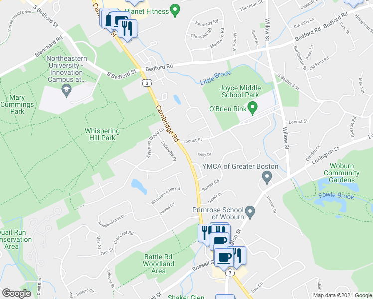 map of restaurants, bars, coffee shops, grocery stores, and more near 130 Locust Street in Woburn