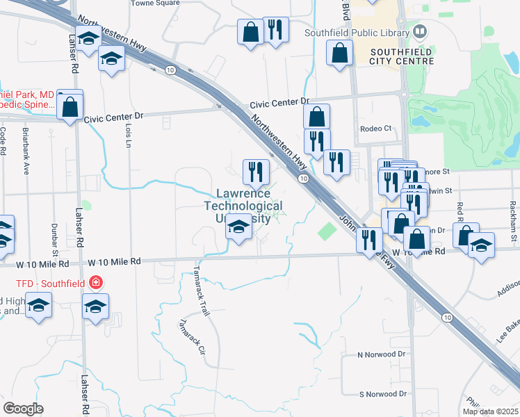 map of restaurants, bars, coffee shops, grocery stores, and more near in Southfield