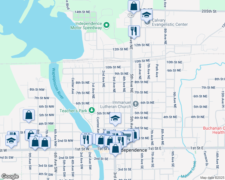 map of restaurants, bars, coffee shops, grocery stores, and more near 301-347 8th Street Northeast in Independence