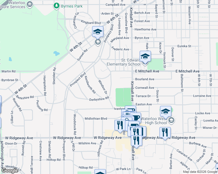map of restaurants, bars, coffee shops, grocery stores, and more near 127 Belleview Road in Waterloo
