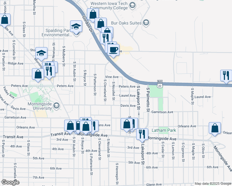 map of restaurants, bars, coffee shops, grocery stores, and more near 1500-1546 South Hennepin Street in Sioux City