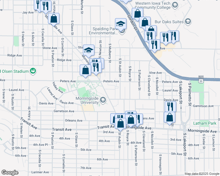 map of restaurants, bars, coffee shops, grocery stores, and more near 3900-3998 Peters Avenue in Sioux City