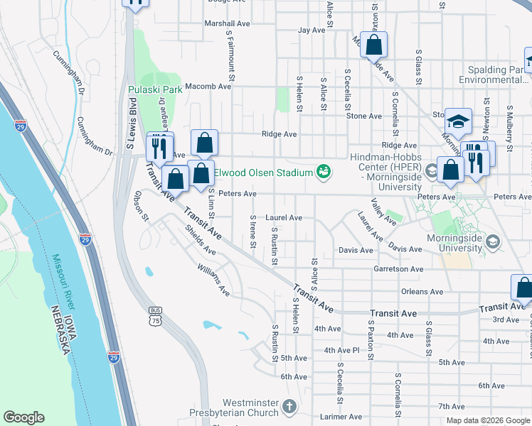 map of restaurants, bars, coffee shops, grocery stores, and more near 1509 South Rustin Street in Sioux City