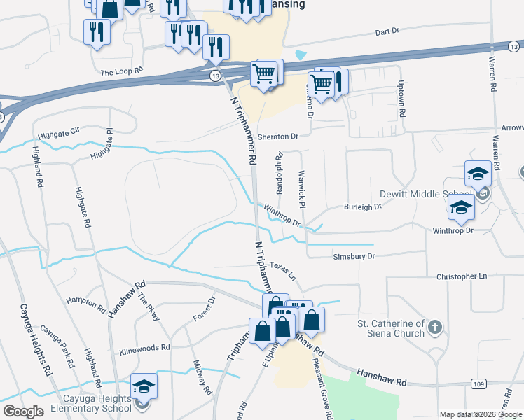 map of restaurants, bars, coffee shops, grocery stores, and more near 2223 North Triphammer Road in Ithaca