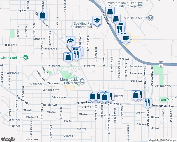 map of restaurants, bars, coffee shops, grocery stores, and more near 1520 Morningside Avenue in Sioux City