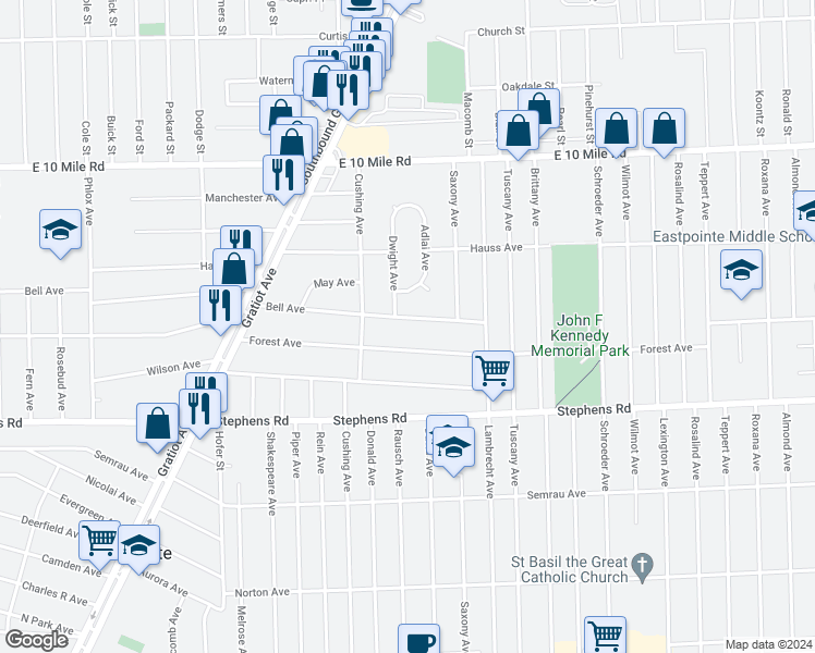 map of restaurants, bars, coffee shops, grocery stores, and more near 17084 Bell Avenue in Eastpointe