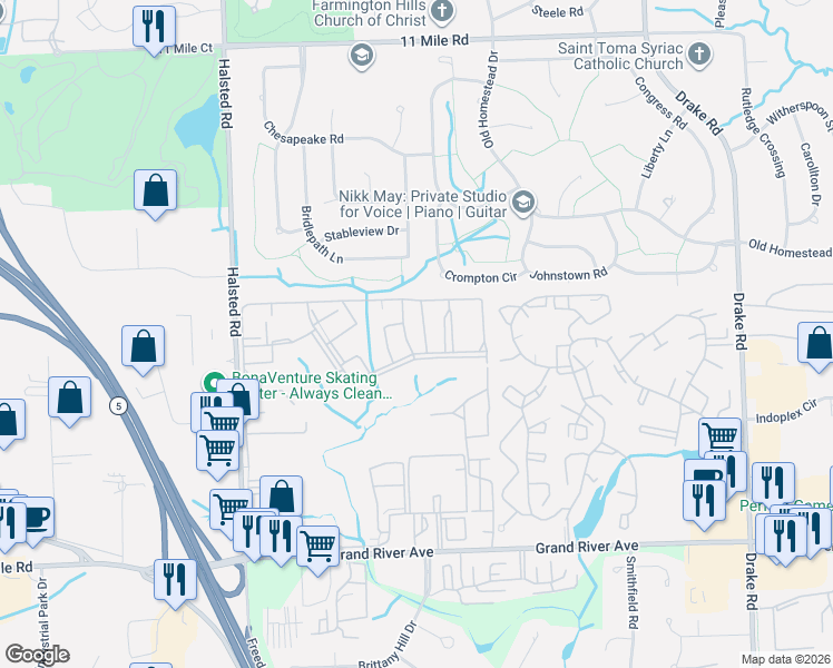 map of restaurants, bars, coffee shops, grocery stores, and more near 24972 Independence Drive in Farmington Hills
