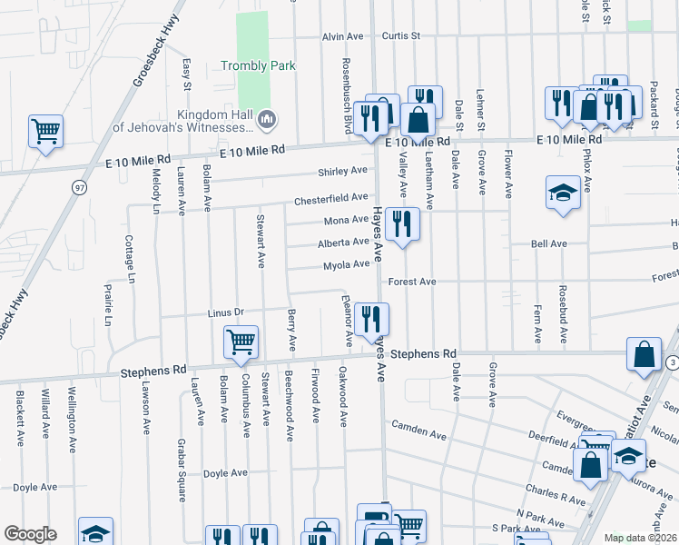 map of restaurants, bars, coffee shops, grocery stores, and more near 14904 Myola Avenue in Warren
