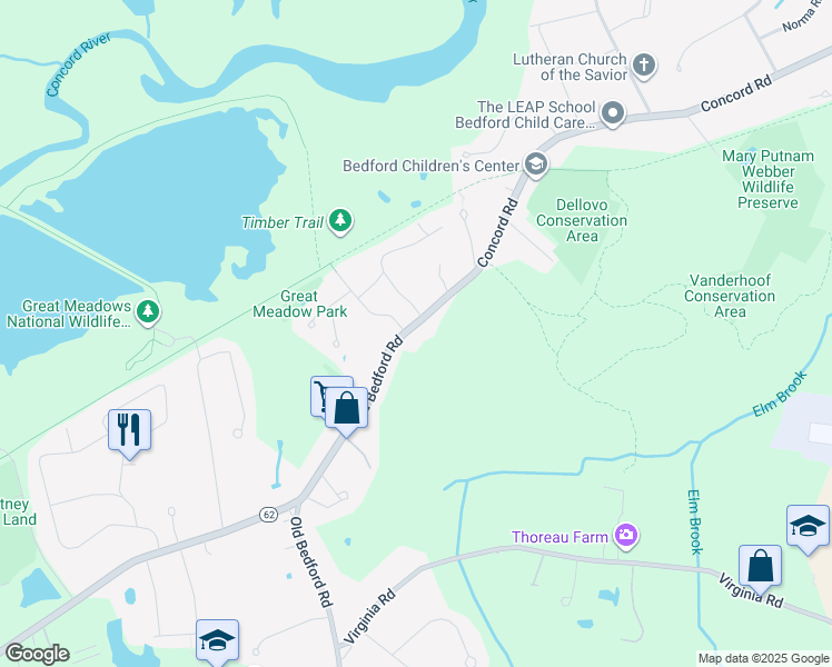 map of restaurants, bars, coffee shops, grocery stores, and more near 667 Old Bedford Road in Concord
