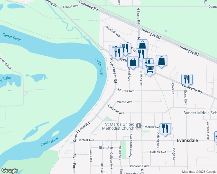map of restaurants, bars, coffee shops, grocery stores, and more near 228 River Forest Road in Evansdale