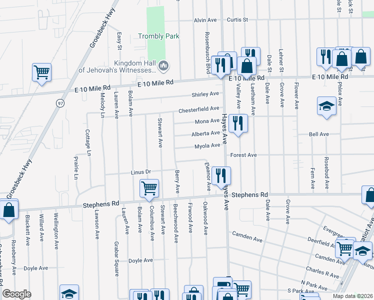 map of restaurants, bars, coffee shops, grocery stores, and more near 24546 Berry Avenue in Warren