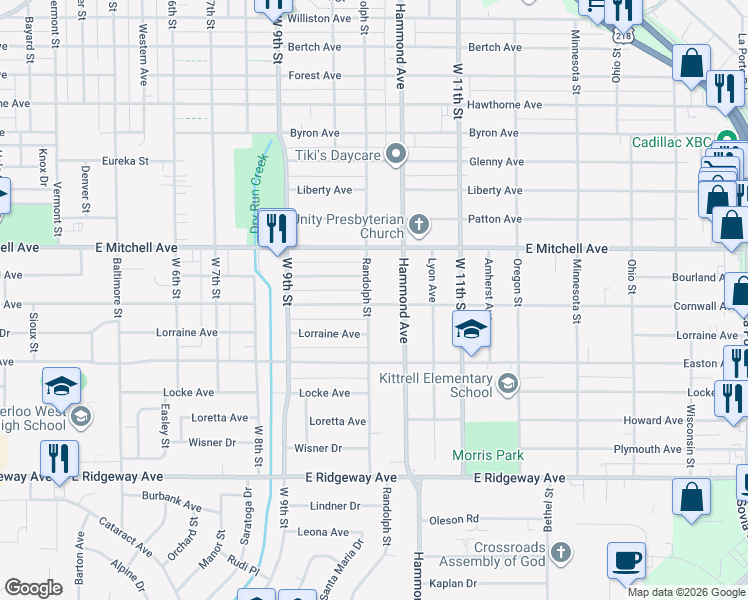 map of restaurants, bars, coffee shops, grocery stores, and more near 2405 Randolph Street in Waterloo
