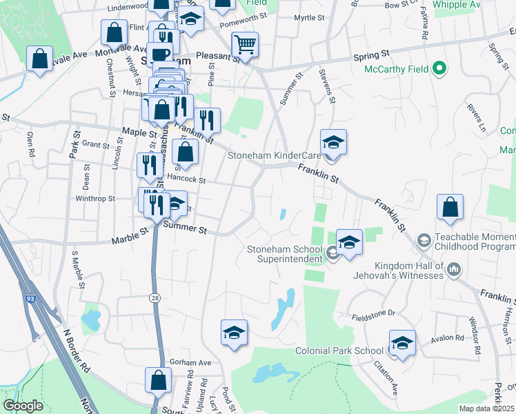 map of restaurants, bars, coffee shops, grocery stores, and more near 67 Summer Street in Stoneham