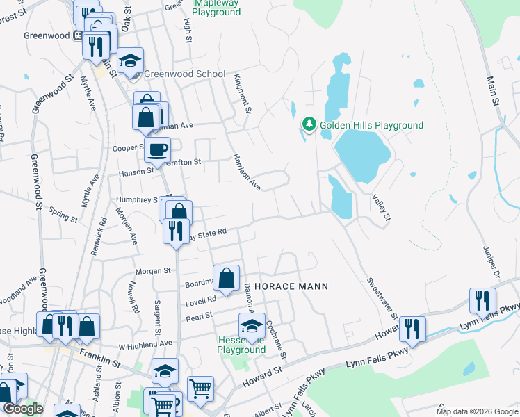 map of restaurants, bars, coffee shops, grocery stores, and more near 93 Harrison Avenue in Wakefield