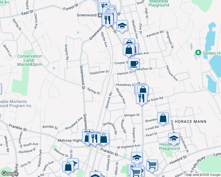 map of restaurants, bars, coffee shops, grocery stores, and more near 33 Humphrey Street in Wakefield