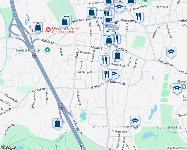 map of restaurants, bars, coffee shops, grocery stores, and more near 5 Winthrop Street in Stoneham