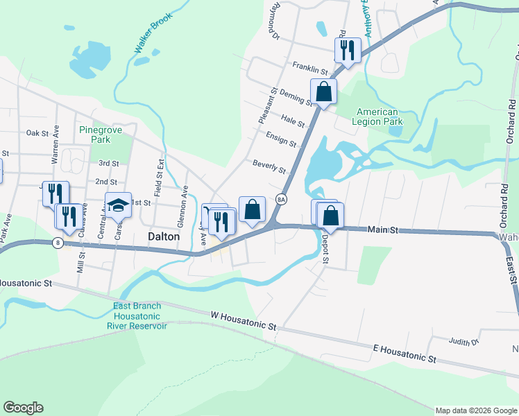 map of restaurants, bars, coffee shops, grocery stores, and more near in Dalton