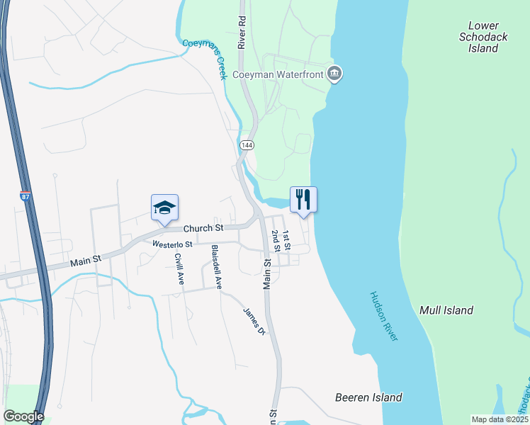 map of restaurants, bars, coffee shops, grocery stores, and more near 110 Main Street in Ravena