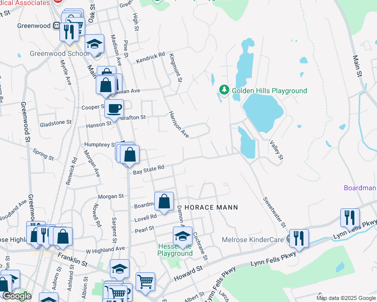 map of restaurants, bars, coffee shops, grocery stores, and more near 93 Harrison Avenue in Wakefield