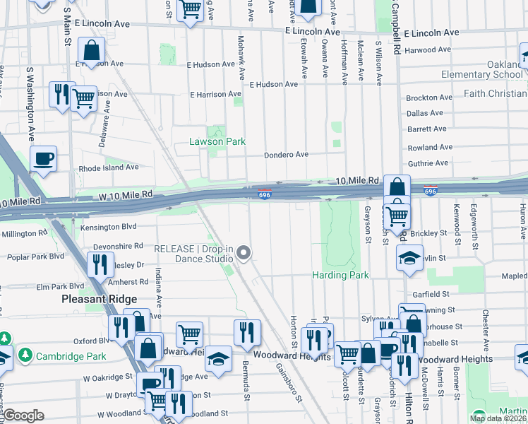 map of restaurants, bars, coffee shops, grocery stores, and more near 800 East 10 Mile Road in Ferndale