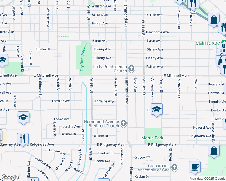map of restaurants, bars, coffee shops, grocery stores, and more near 1177 Cornwall Avenue in Waterloo