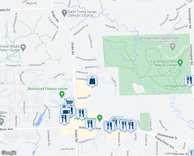 map of restaurants, bars, coffee shops, grocery stores, and more near 35004 Pennington Drive in Farmington Hills