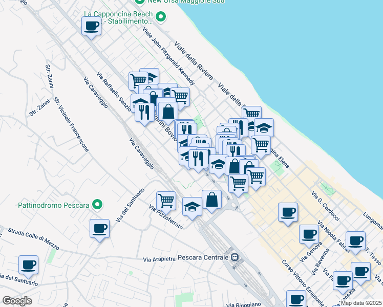 map of restaurants, bars, coffee shops, grocery stores, and more near Via Michelangelo Castagna in Pescara