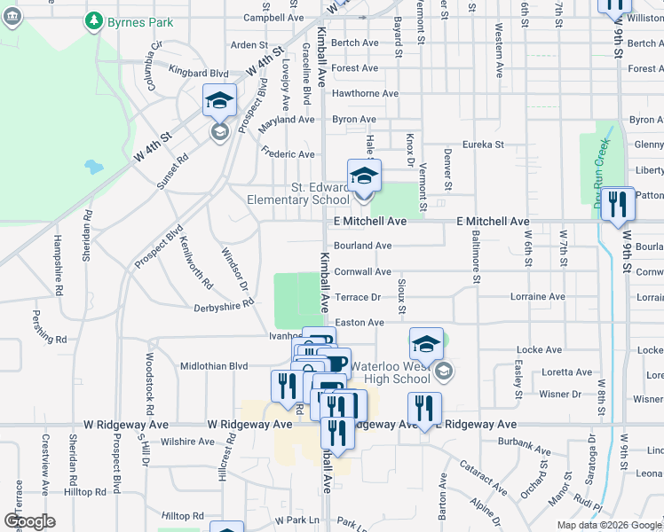 map of restaurants, bars, coffee shops, grocery stores, and more near 116 Bourland Avenue in Waterloo